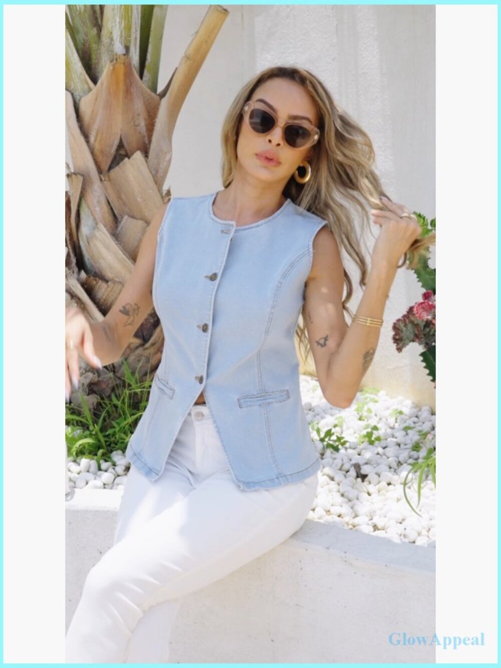 Fitted Sleeveless Denim Vest Button Down Crew Neck Waistcoat Ladies Jean Tank - Picture 7 of 7